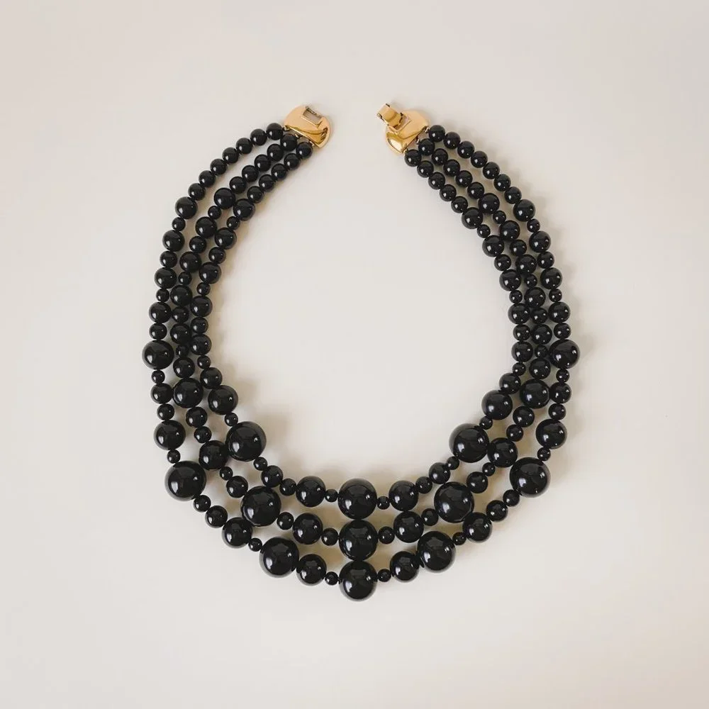 Vintage Monet Black Ball Round Beaded Multi Strand Statement Bib Necklace - Picture 2 of 12
